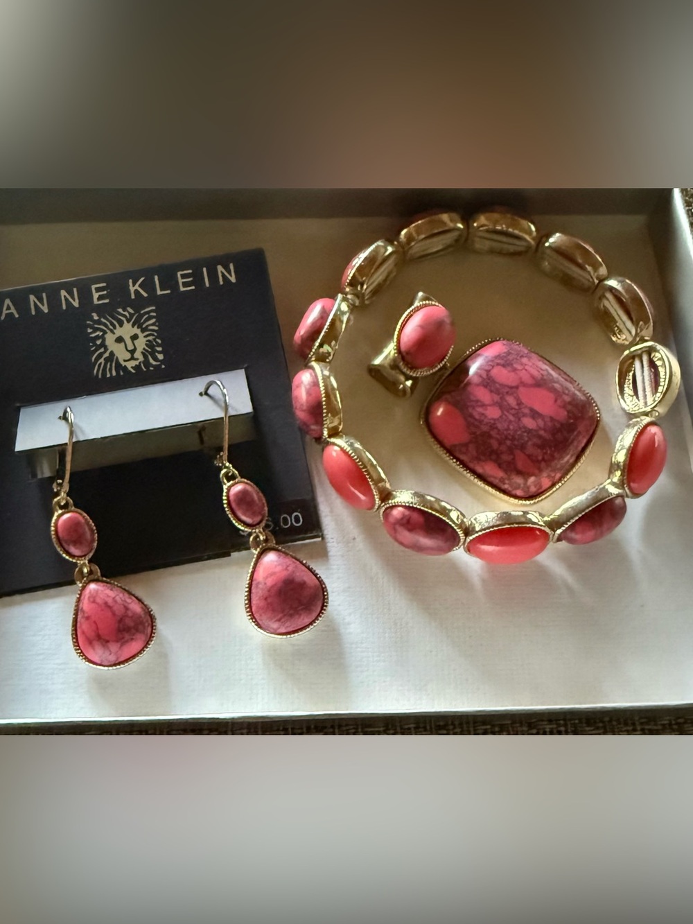Anne Klein Pink Stone Gold-Tone Drop Earrings with bracelet and pendant